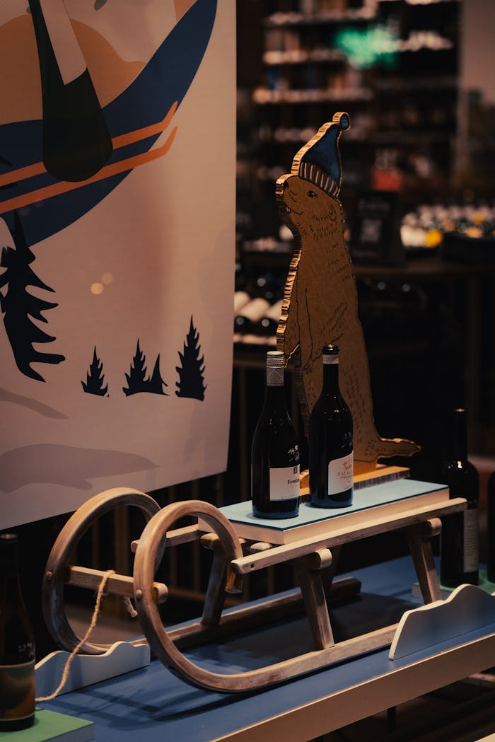 Warm-toned store display featuring a sled with wine bottles and a whimsical bear cutout.
